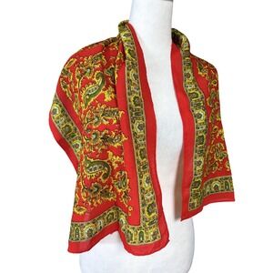 Vintage Paisley Long Wool Scarf Womens Red Gold Made In Japan Boho Wrap
